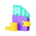 Wallet full of cash money dollar golden coin richness financial budget 3d icon realistic vector