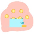 Wallet full of golden coins money. Saving money concept. Vector wallet. Royalty Free Stock Photo