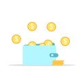 Wallet full of golden coins money. Icon cash earnings. Royalty Free Stock Photo