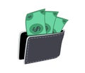 Wallet with green dollar banknotes inside. Salary, income, transaction concept. Cute cartoon financial icon made in flat