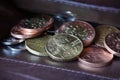 Wallet with a heap of silver, copper and golden coins (Czech Crowns, CZK) Royalty Free Stock Photo