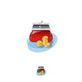 Wallet icon. Banking web icon. A bright purse is open and gold coins near it.