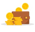 Wallet icon. Wallet and stack of coin. Cash back icon with coins and wallet. Vector illustration