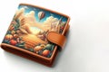 A wallet with an illustration of a rural landscape. Space for text. Royalty Free Stock Photo