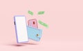 Wallet with mobile phone,smartphone,credit card,banknote isolated on pink background.saving money concept,3d illustration or 3d Royalty Free Stock Photo