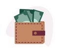 Wallet with money. Brown leather Purse with dollar Banknotes. Currency storage. Personal finance. Isolated Pocketbook.