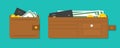 Wallet with money and card. Purse icon for payment of cash from salary or credit card. Leather open, closed wallet with pockets.