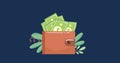 Wallet and money. Cash money concept icon, 4k on dark blue with flowers