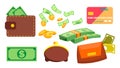 Wallet, Money, Coins Vector. Purse. Bill. Online, Ofline Payments. Isolated Flat Cartoon Illustration