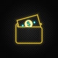 Wallet, money, credit neon icon. Blue and yellow neon vector icon