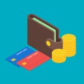 Wallet with money dollar bank note, pile of coins and credit cards isometric flat design