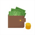 Wallet with money, dollars and coins. Cirrensy, cash, shopping, finance, money, wealth concept. Stock vector Royalty Free Stock Photo