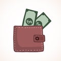 Wallet with money. Wallet with dollars. Vector color sketch. Web icon design. Symbol of wealth. Drawing a wallet Royalty Free Stock Photo