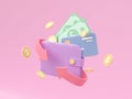 wallet money with gold coin,credit card, banknotes on pink background. digital online payment. 3d render illustrator. Business and