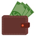 Wallet with money icon. Vector illustration of dollars in wallet. Purse with dollars