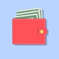 Wallet with money, red purse and cash on a blue background, flat design Royalty Free Stock Photo