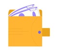 Wallet with money sticking out. Simple orange wallet with dollar bills. Finance concept and personal savings vector