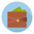 A wallet with money under protection. A chain with a lock protects the wallet with money. The concept of money safety