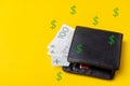 Wallet with money. Yellow background. Copy space