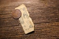 Wallet and old money coins of Russian empire on wooden table background Royalty Free Stock Photo