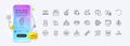 Wallet, Package location and Startup line icons for web app. Pictogram icon. Phone mockup gradient screen. Vector