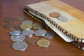 Wallet with paper cash lying on a wooden table