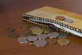 Wallet with paper cash lying on a wooden table