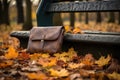 wallet on a park bench, autumn leaves scattered around