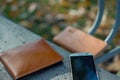 wallet on a park bench, with a smartphone beside it Royalty Free Stock Photo