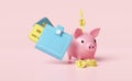 Wallet and piggy bank with credit card,coins isolated on pink background.saving money concept  ,3d illustration or 3d render Royalty Free Stock Photo