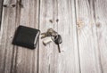 A wallet and a set of keys laid on a rustic wooden table or desk Royalty Free Stock Photo