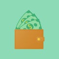 Wallet and stack money vector illustration, banknote sign earning and prosperity symbol Royalty Free Stock Photo