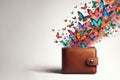 A wallet from which bright multi-colored butterflies fly out. Space for text. Royalty Free Stock Photo