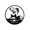 Walleye Fish Jumping on Lake With Lodge Cabin Circle Black and White Retro Royalty Free Stock Photo