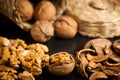 Wallnuts on a table in small baskets Royalty Free Stock Photo