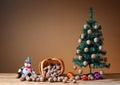 Wallnuts in a wicker basket with a pine tree