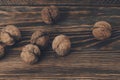 Wallnuts on wooden background . Vegan Protein concept