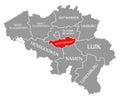 Walloon Brabant red highlighted in map of Belgium