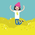 Wallow in money conceptual illustration: young brunette girl jumping on the pile of golden coins / editable flat vector clip art