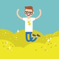 Wallow in money conceptual illustration: young lucky geek jumping on the pile of golden coins / editable flat vector clip art