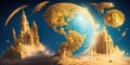 Wallpaper with abstract landscape. Planet Earth, Bitcoin gold coin and city buildings.