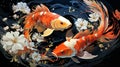 wallpaper background, a group of koi fish a large and clear pond, colorful, very beautiful, Generate AI