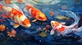 wallpaper background, a group of koi fish a large and clear pond, colorful, very beautiful, Generate AI