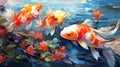 wallpaper background, a group of koi fish a large and clear pond, colorful, very beautiful, Generate AI