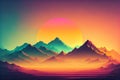 Wallpaper with a beautiful landscape in the style of the 80s synthwave. View of the rising sun, mountains and sea.