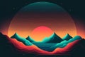 Wallpaper with a beautiful landscape in the style of the 80s synthwave. View of the rising sun, mountains and sea.