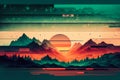 Wallpaper with a beautiful landscape in the style of the 80s synthwave. View of the rising sun, mountains and sea.