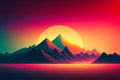 Wallpaper with a beautiful landscape in the style of the 80s synthwave. View of the rising sun, mountains and sea.