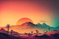 Wallpaper with a beautiful landscape in the style of the 80s synthwave. View of the rising sun over the desert.