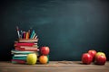 wallpaper, blackboard background, with desk, above desk colored pencils and some healthy red apples, back to school Royalty Free Stock Photo